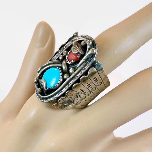Turquoise Ring, Coral, Sterling Silver, Native American, Navajo, Signed, Joe Tso - Picture 3 of 8